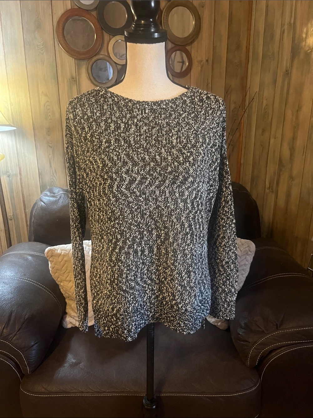 LOFT Black and White Marled Crew Sweater Neutral Minimalist Cabincore Grandma